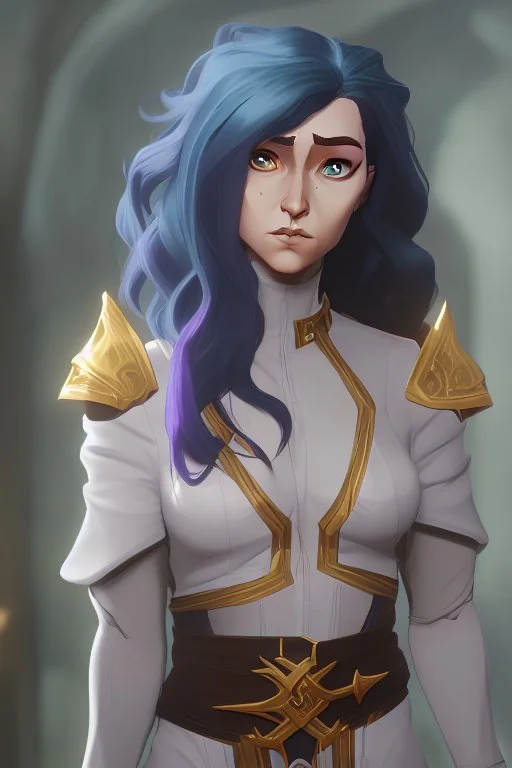 Female elf twilight cleric in a silver robe with blue curly hair and golden eyes