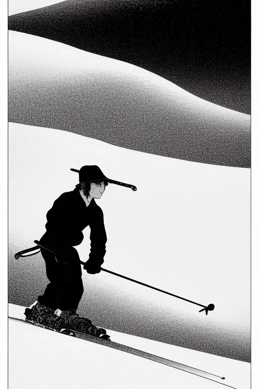 As monochrome image of man skiing, by kawase hasui, moebius and edward hopper,gustave dore, colorful flat surreal design, hd, 8 k, artstation