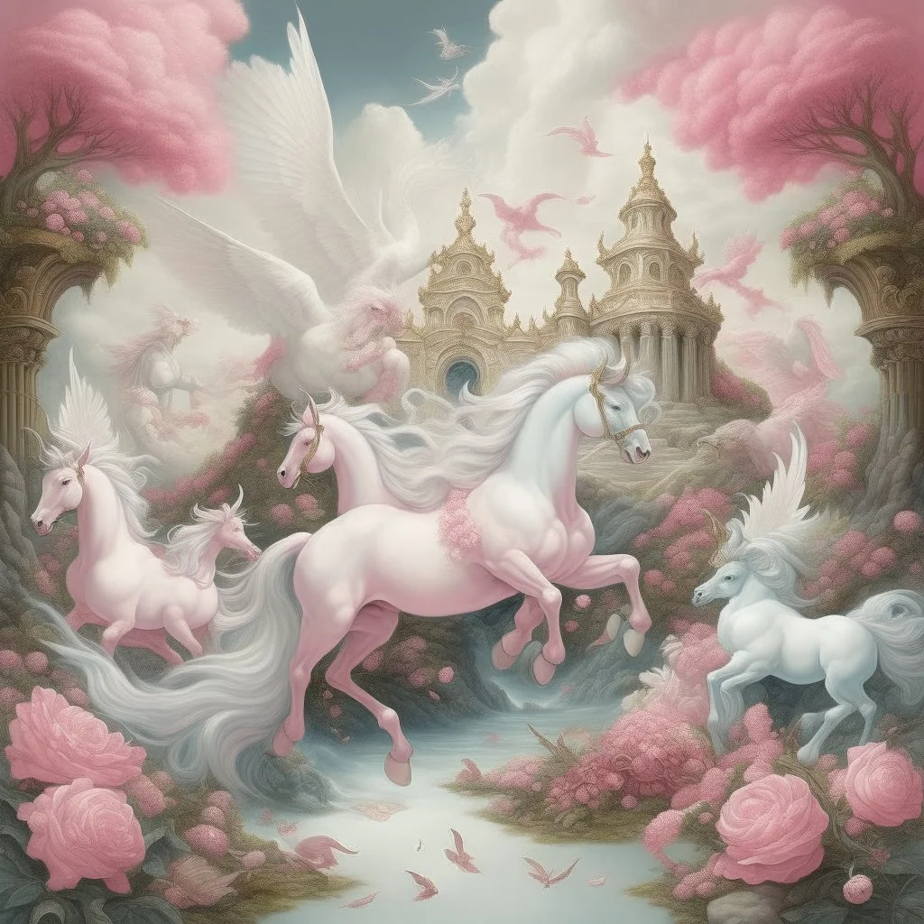 A light pink magical realm filled with winged unicorns painted by Giovanni Battista Sassi