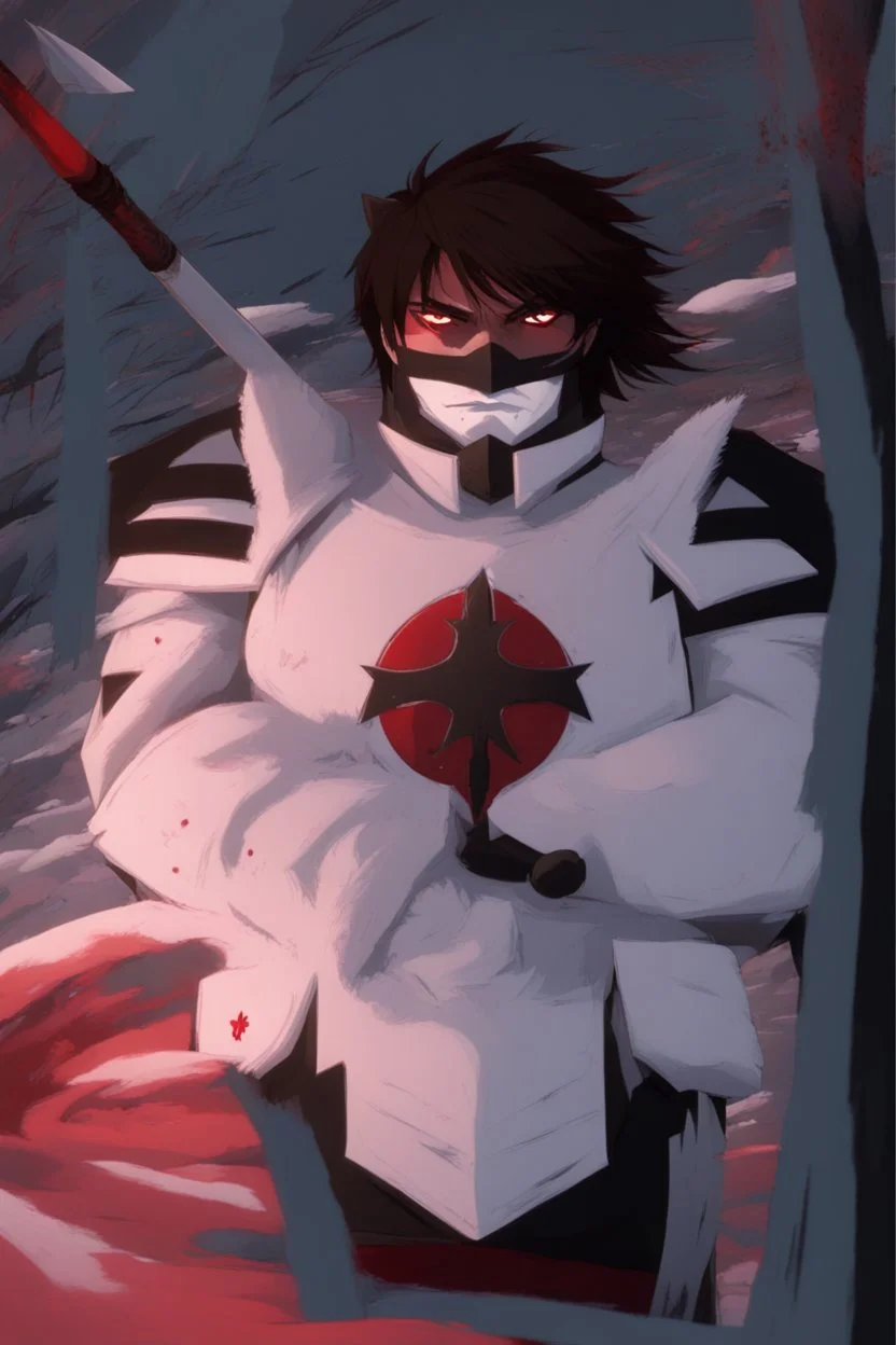 The character, in a striking white armour against a wintry backdrop stands with his arms behind his back inside the scene, he has a red and black circular symbol on his chest like a shield, a black pointed spear with a red handle on his back, His eyes are showing a dynamic expression and he wears a black oni with white sharp teeth on it covering the bottom part of his mouth he has brown shoulder pads and a white belt with a bag attached to it. He has dark brown hair, he does not wear a helmet.