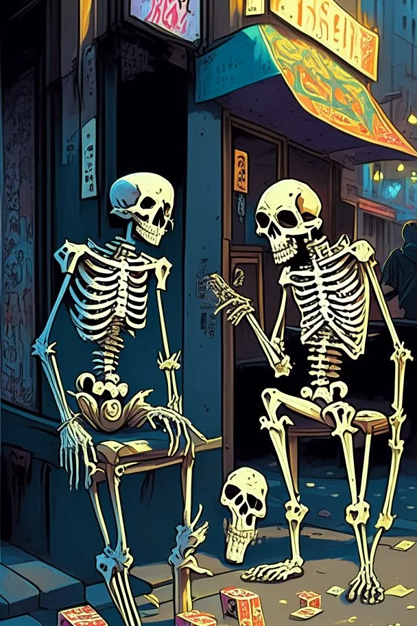 Skeletons hanging out in a street corner, tossing dice and money, illegal gambling, surrealism, modern art, graphic novel art style, sinister, Urban art, death