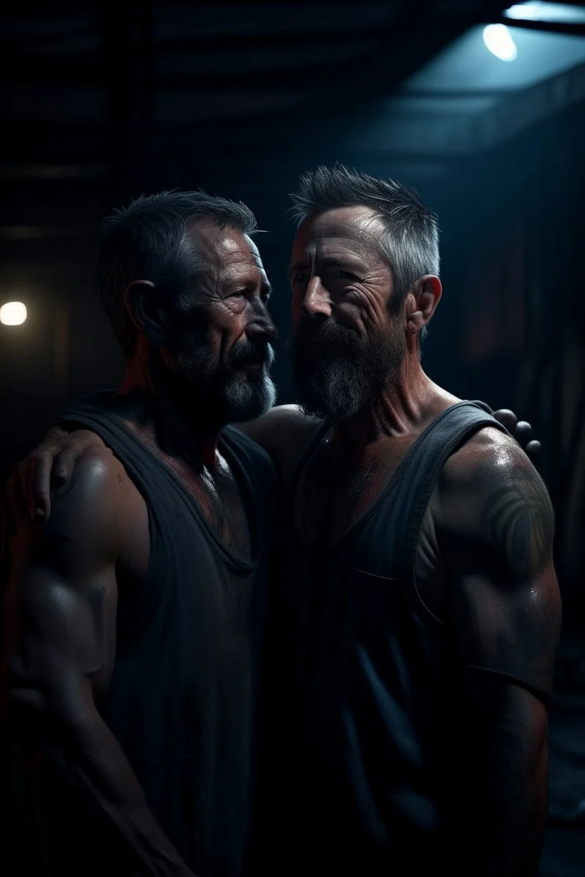 cinematic close-up portrait of two rugged construction workers embracing, bearded, muscular, slightly chubby, dirty tank tops and tattoos, weathered 44-year-old faces, realistic skin texture, outside an abandoned warehouse at night, moonlight reflecting on metal surfaces, soft volumetric fog and dramatic shadows, dark industrial atmosphere, deep colors, high contrast lighting, photorealistic cinematic frame