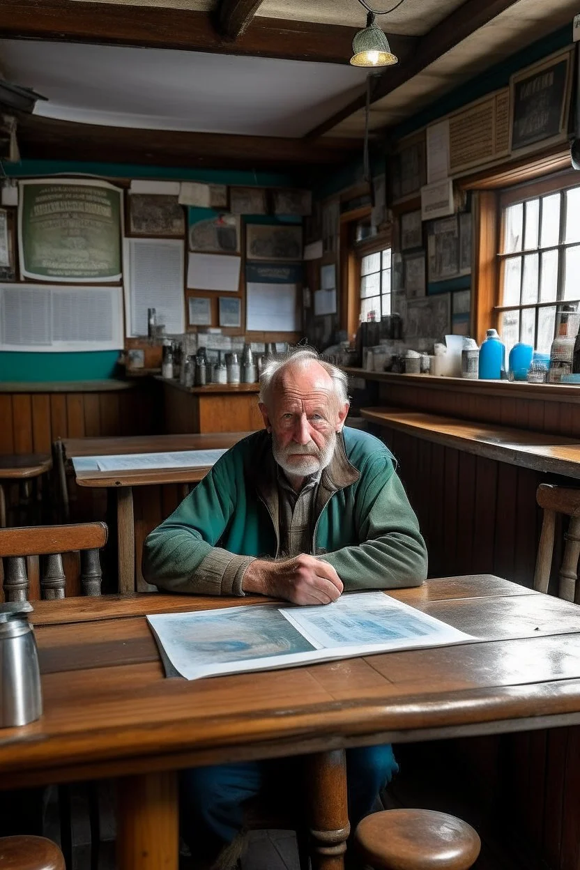 bAn innkeeper in the middle of tables in a surfers' pub