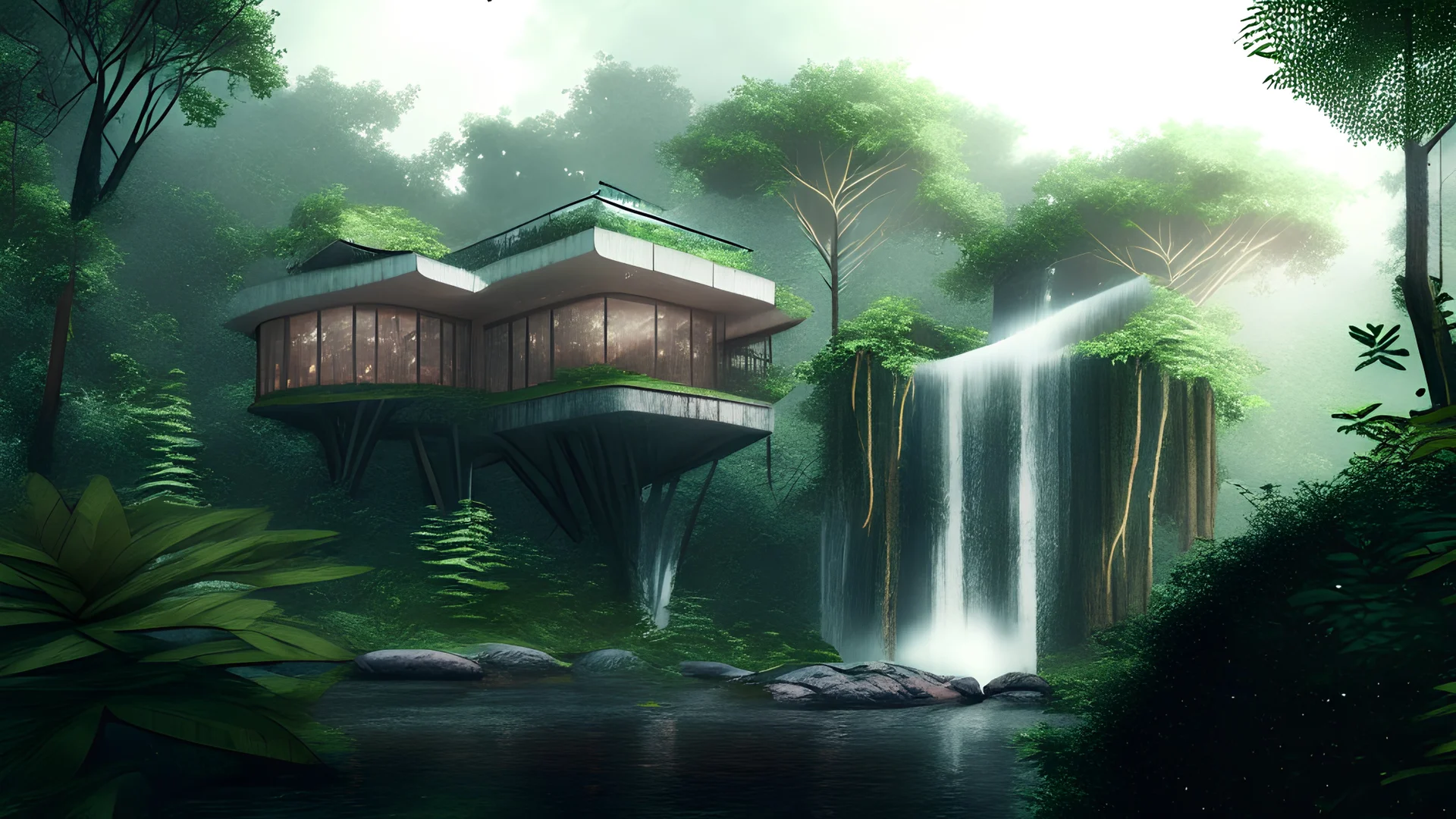 modern house by a big water falls in a karstic montain rain forest