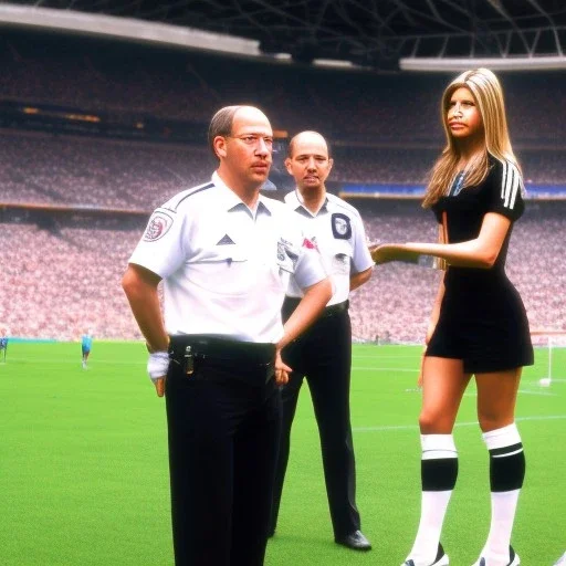 Jennifer Aniston in a referee jersey officiating for a soccer match at Wembley Stadium