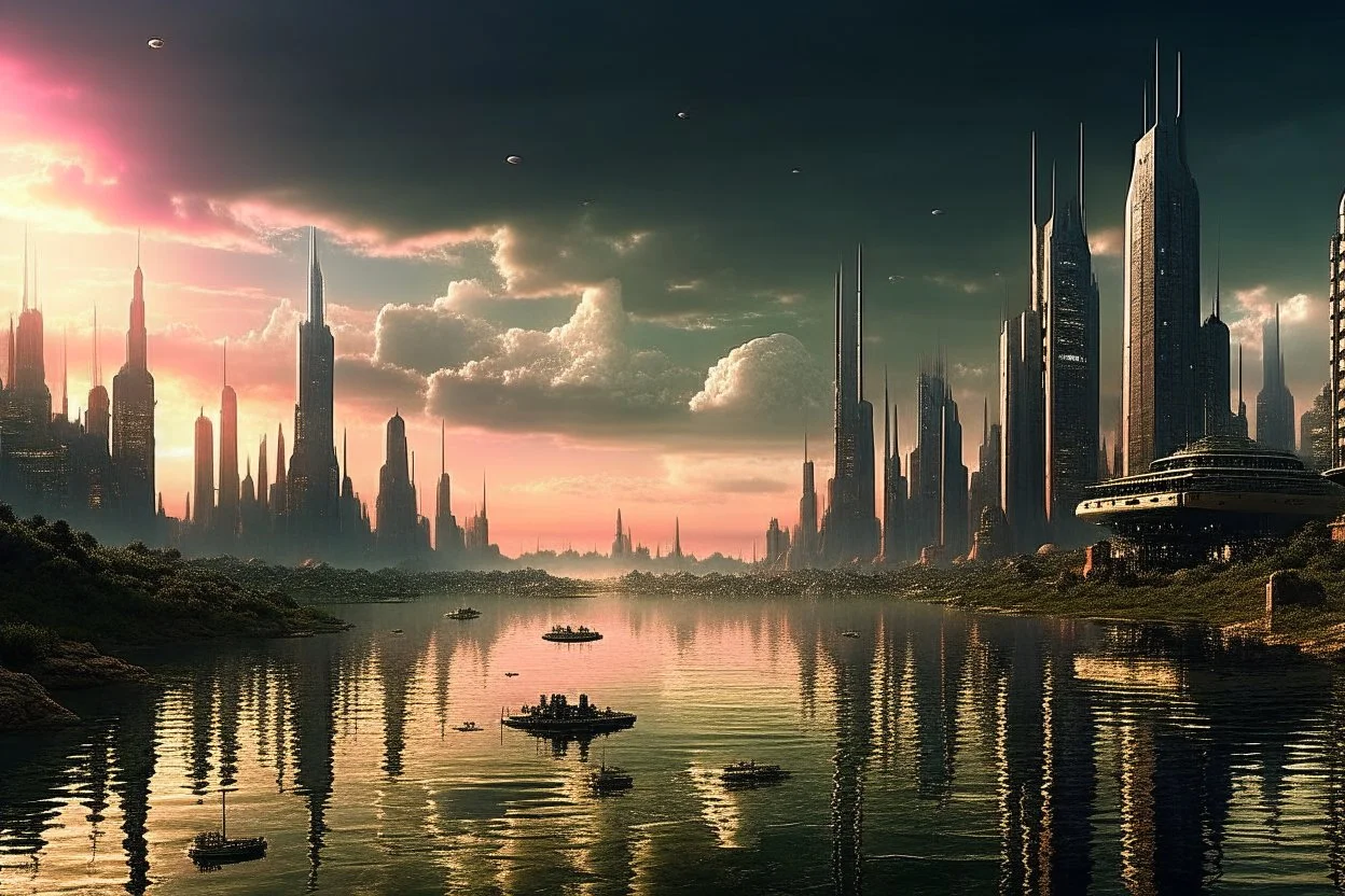 city, sci-fi, lake, ships, clouds, gary numan influence