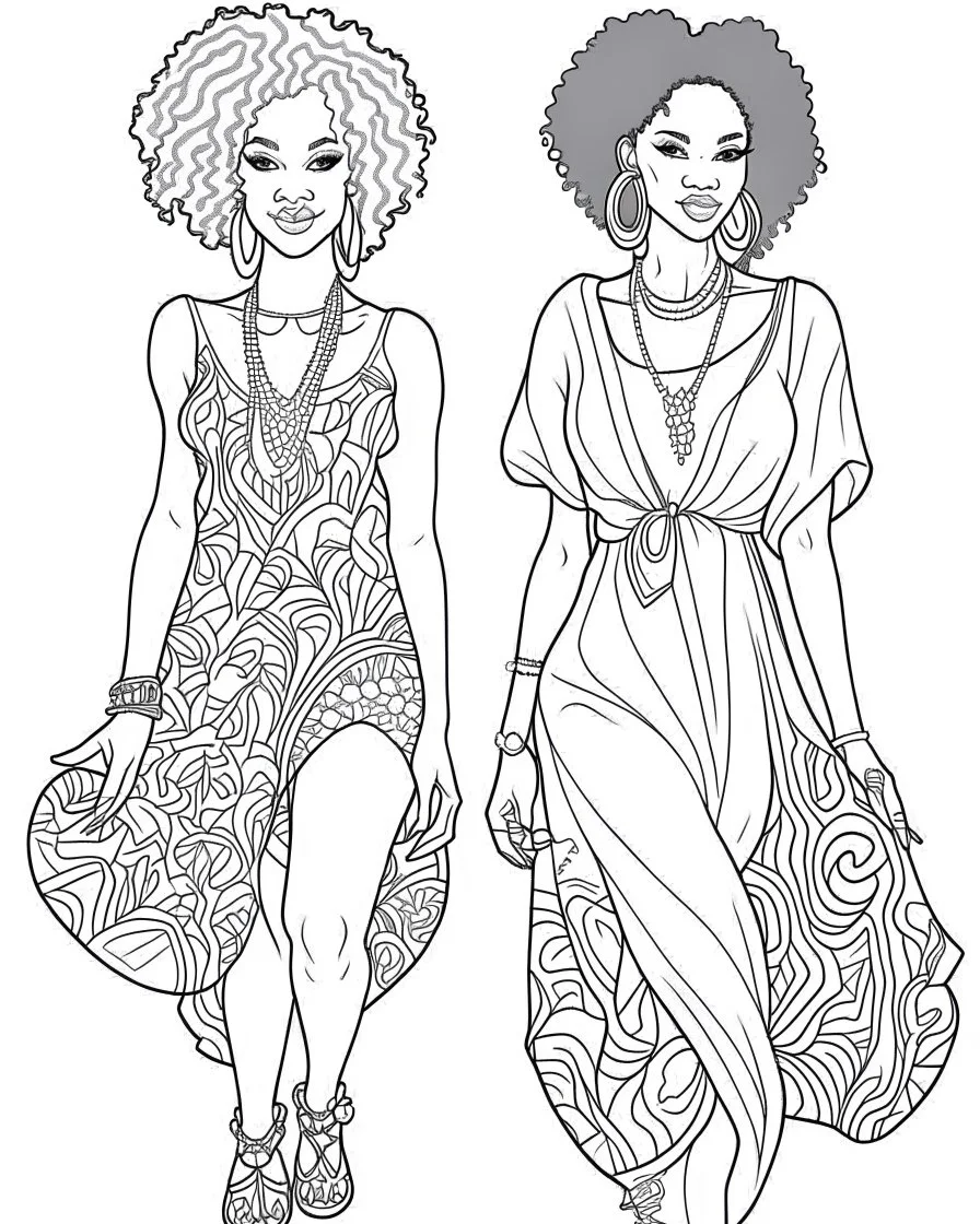 African -American women coloring page, full body (((((white background))))), only use an outline., real style, line art, white color, clean line art, white background, Sketch style