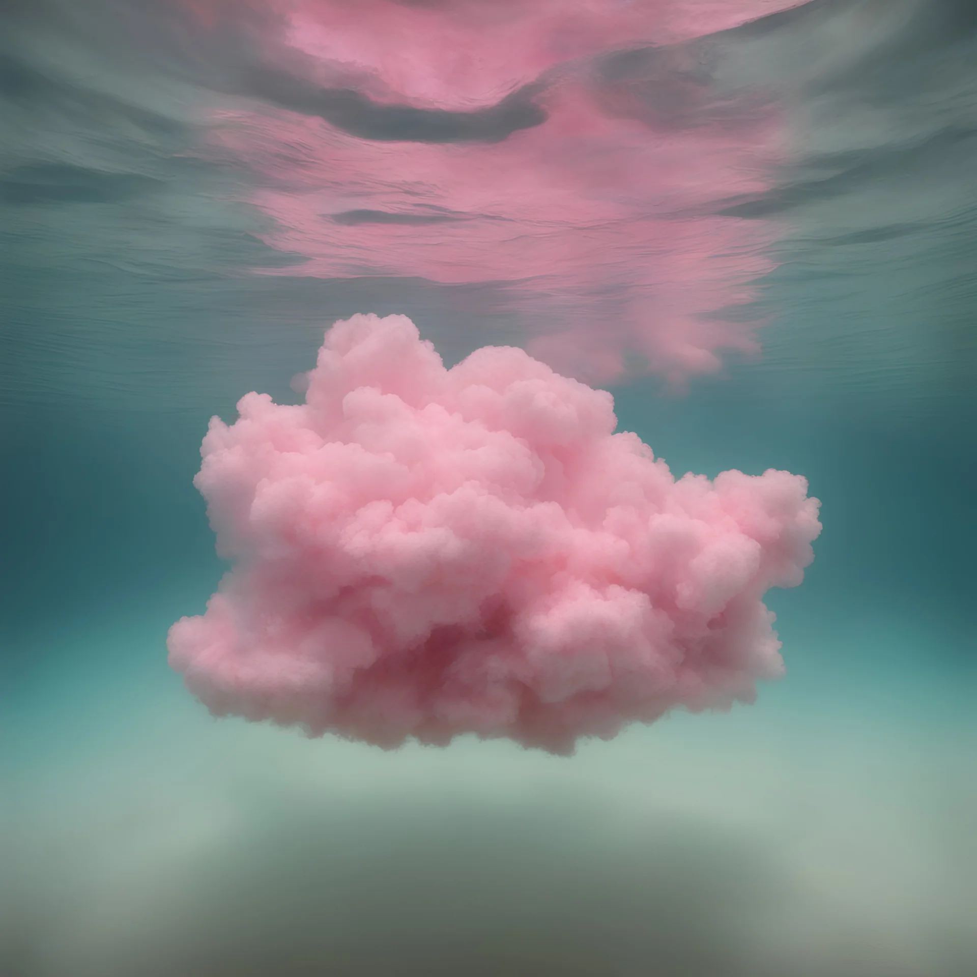 Pink cloud underwater in the 1970s, analog photography with white, damaged