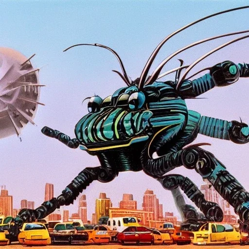 A giant robotic insect monster attacking New York by Chris foss