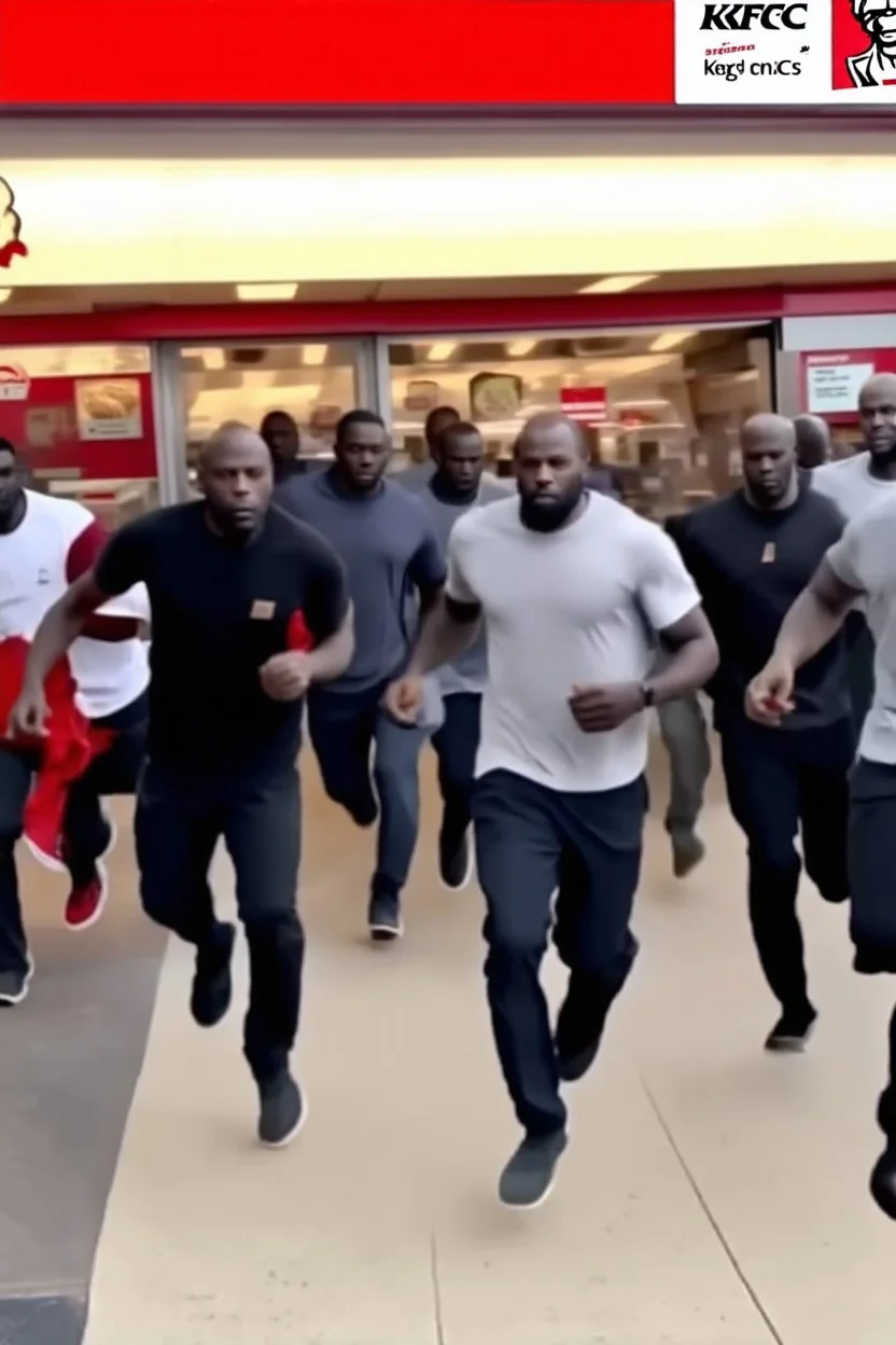 200 black men running into a KFC chicken restaurant doing everything to get chicken pure chaos. birdseye vieew. make it more black men. WAy more they are raiding it. and make them look dangerous. and they are running inside not outside