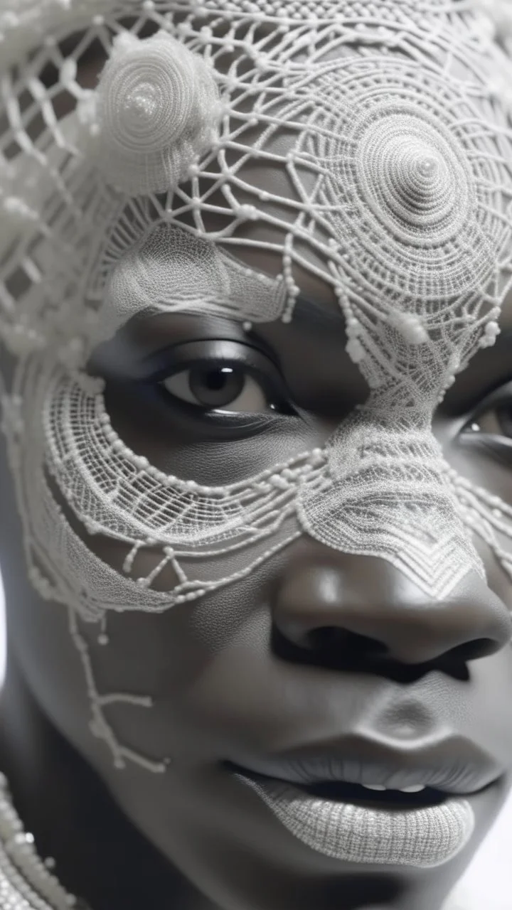 A long hyperrealistic shot of a queen face of the African tribes all in white head out of a white spider web, intricate details, soft natural light, screen captured from 4K Blu-ray. All white background
