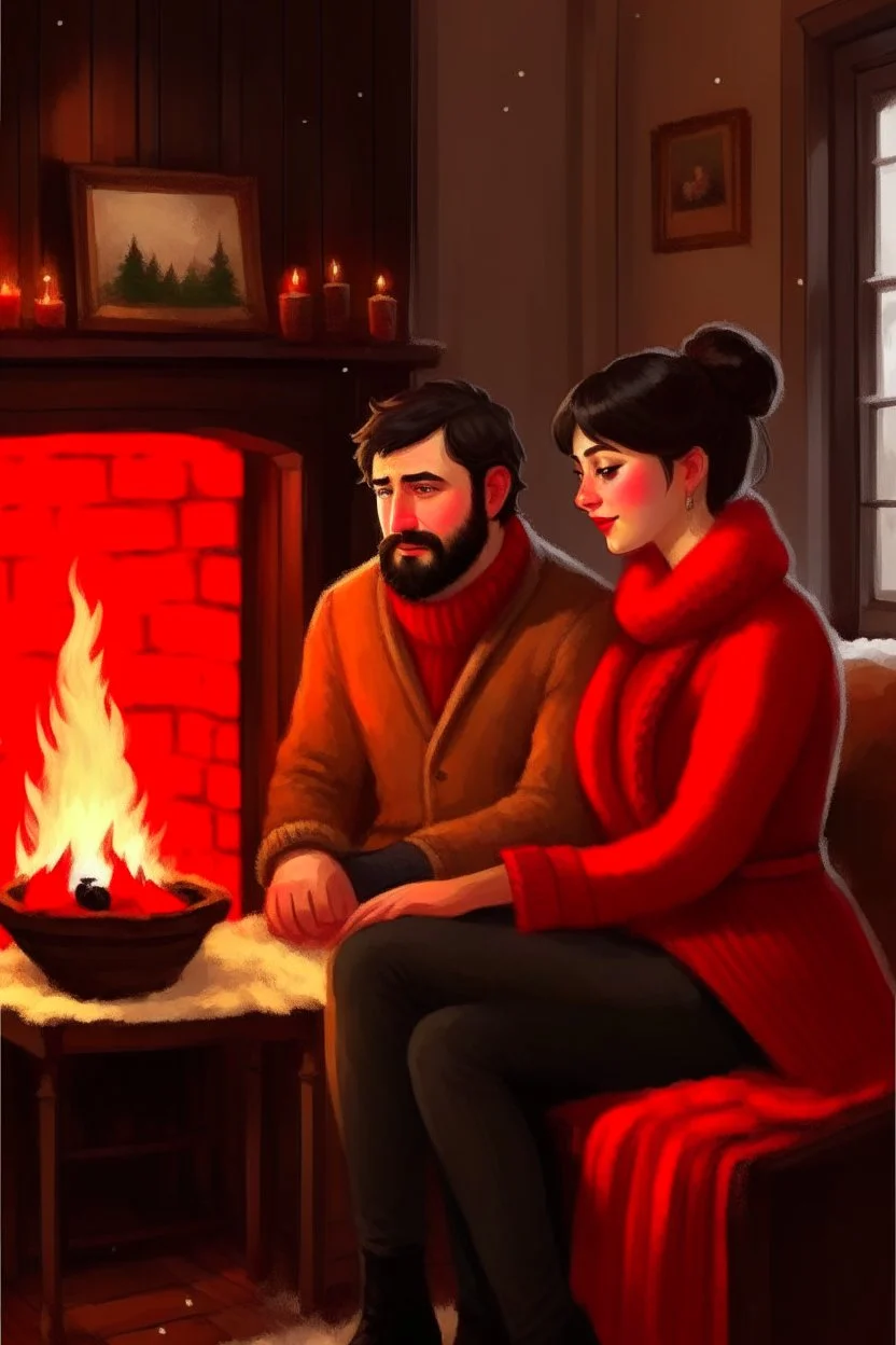 Fire place Christmas scene, dark haired couple, man with short black beard, blue eyes, sketch