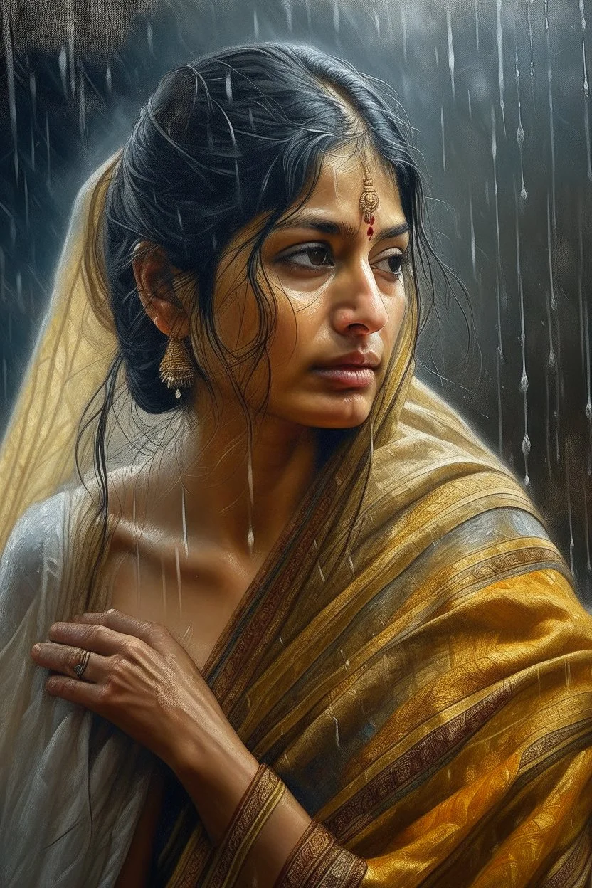 A stunning Indian woman in a damp, off-white saree, her face hidden behind the fabric, stands against a backdrop of rain and wind in a hyper-realistic oil painting by Philipp Weber. The woman's intricate features are highlighted by the artist's skilled brush strokes, capturing the essence of her beauty and vulnerability. The details in the painting, from the delicate folds of the saree to the subtle expression on her face, are incredibly lifelike, truly showcasing Weber's talent and attention to