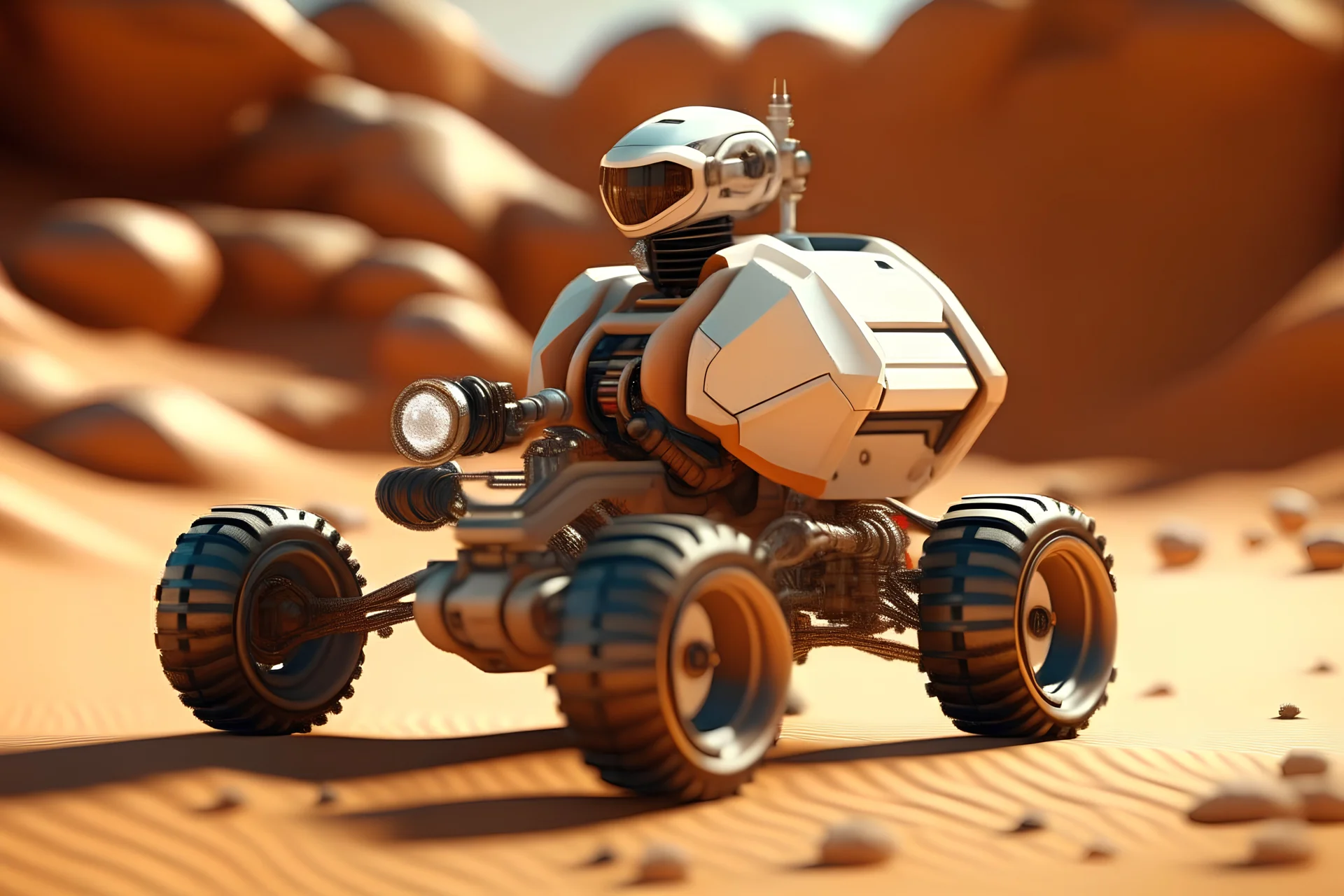 lowpoly storm trooper driving highly symmetric metallic rocket propelled mad max ATV with rounded glass bubble roof in red desert, bokeh like f/0.8, tilt-shift lens 8k, high detail, smooth render, down-light, unreal engine, prize winning