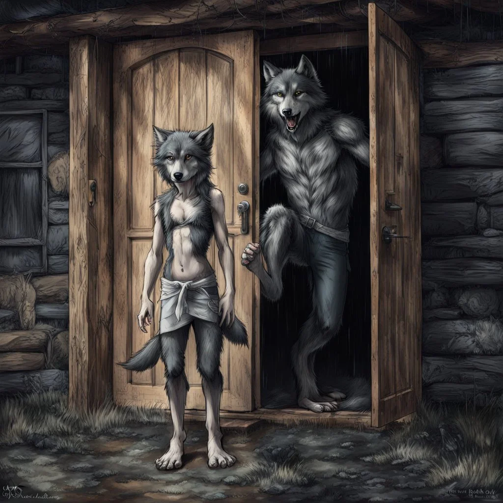 fantasy digital art of a young anthro wolf have gray hairy wolf body gray paws, and wears just a short canvas rag around her waist , she have sadly face in the rain kicked out of the house, falls towards the camera, behind her an tall angry anthro wolf man just in dark gray body hairy kicks she out the door with his foot, behind in rustic halb open door in an massive wooden house, rainy day, detailed, fantasy mood