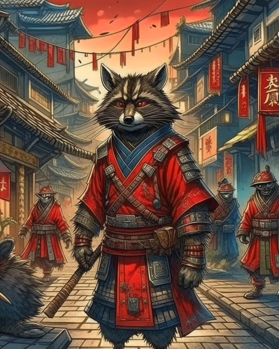 highly detailed concept illustration of an alternate reality ancient China samurai racoon wanderer in a street, maximalist, highest resolution, Masahiro Ito, boldly inked, 8k, coarse, red