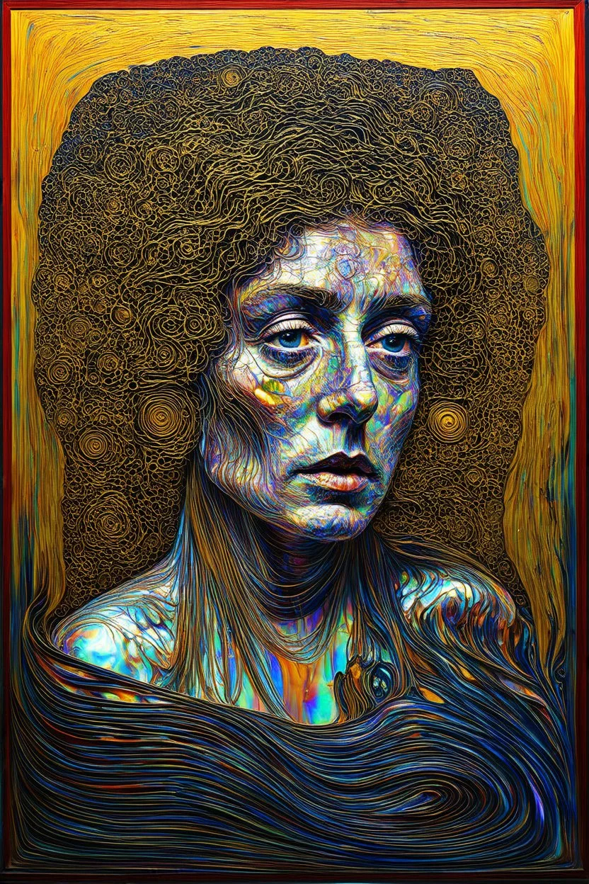 Separating from the devouring mother; surreal art in an admixture style of Andre Breton over a background of ink art inspired by Escher filled in with Iridescent golden elements inspired by Klimt and colorful elements inspired by Klee