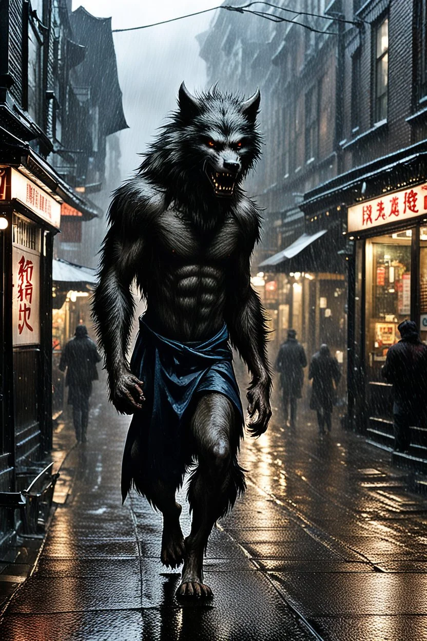 Werewolf walking the streets of Soho in the rain. There is a Chinese restaurant in the background. Photograph.