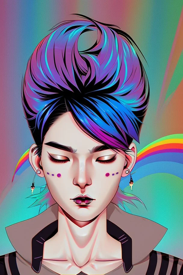 Asian androgynous girl, in detailed 80's graphic novel illustration, piercings, rainbow hair, androgynous look, epic colour treatment, cinematic colour treatment