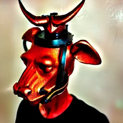 man, red rhino head, one man band, steampunk, midjourney style, neon