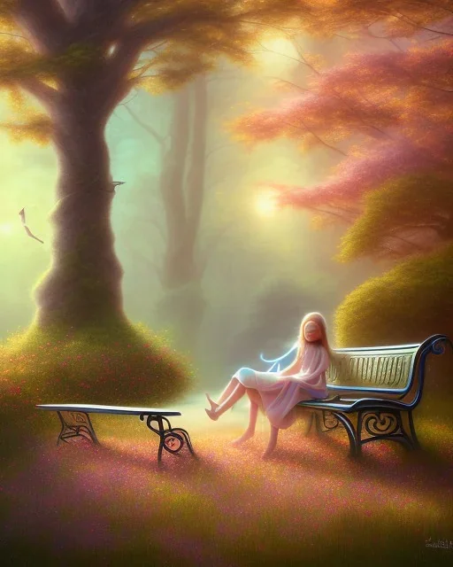 park mystical dream, park bench, man, woman, child, dog, trees, path, bird, sunshine, mystical, fantasy, romanticism, pastel colors, daylight, daytime, acrylic painting, detailed, soft focus,