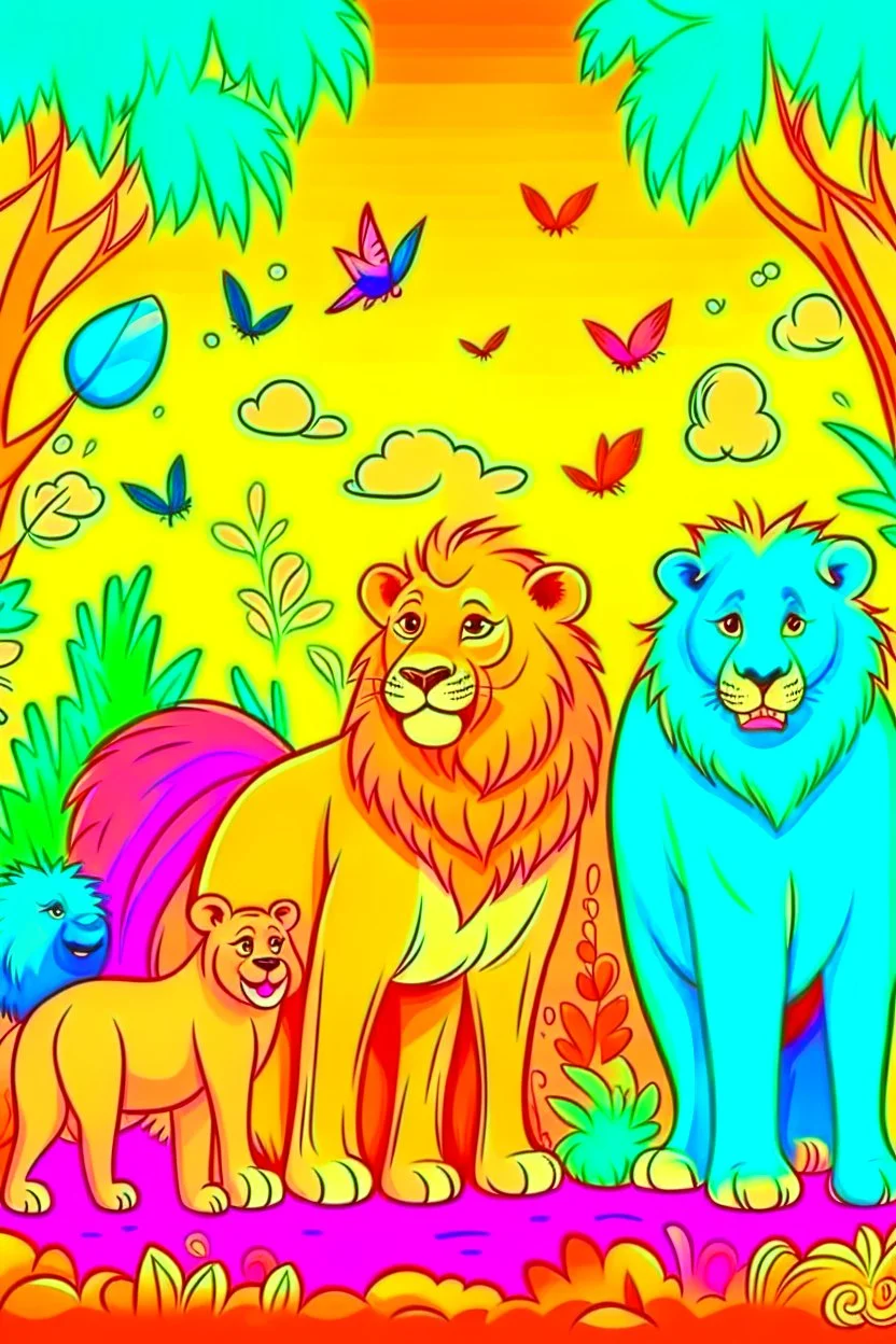 COLORED DRAW A LION, A PANDA, A GIRAFFE AND A MONKEY ON THE JUNGLE, CARTOON STYLE, LOW DETAILS, THICK LINES