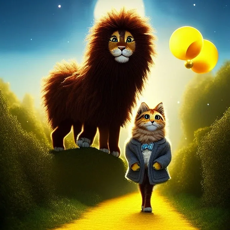 cute fluffy lion and scarecrow and tin-man and kitten on a journey into the woods walking on a yellow brick road, cute adorable pop surrealism, lowbrow art, realistic, street fashion, fluffy , pixar style, hyperrealism, christmas colors, rococo, by "NewAgerJul", Pixar, Disney, concept art, 3d digital art, Maya 3D, ZBrush Central 3D shading, bright colored background, radial gradient background, cinematic, Reimagined by industrial light and magic, 4k resolution post processing 8k resolution holog