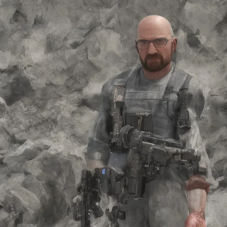 Walter White cyborg, 8k, tactical vest, helmet, gun.