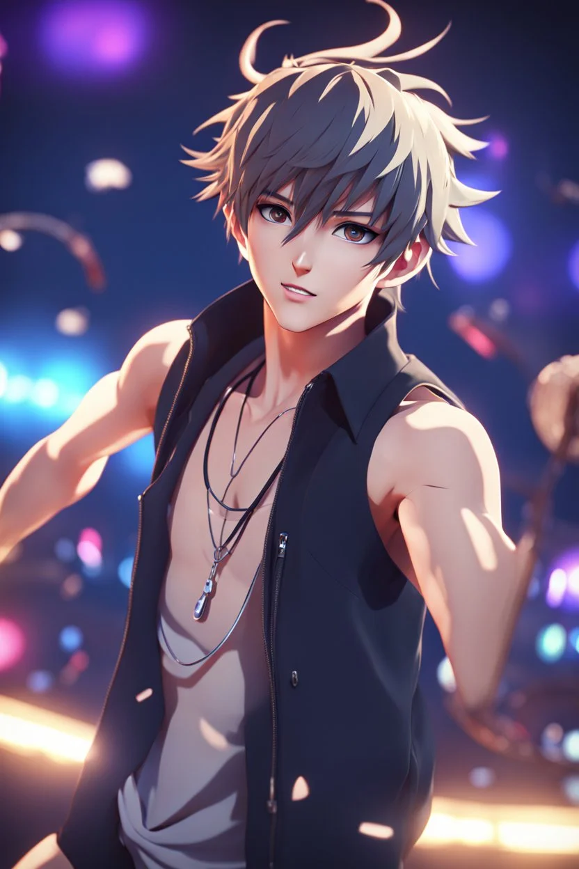 8k quality realistic image of an attractive anime boy, partying and dancing, up close, 3d