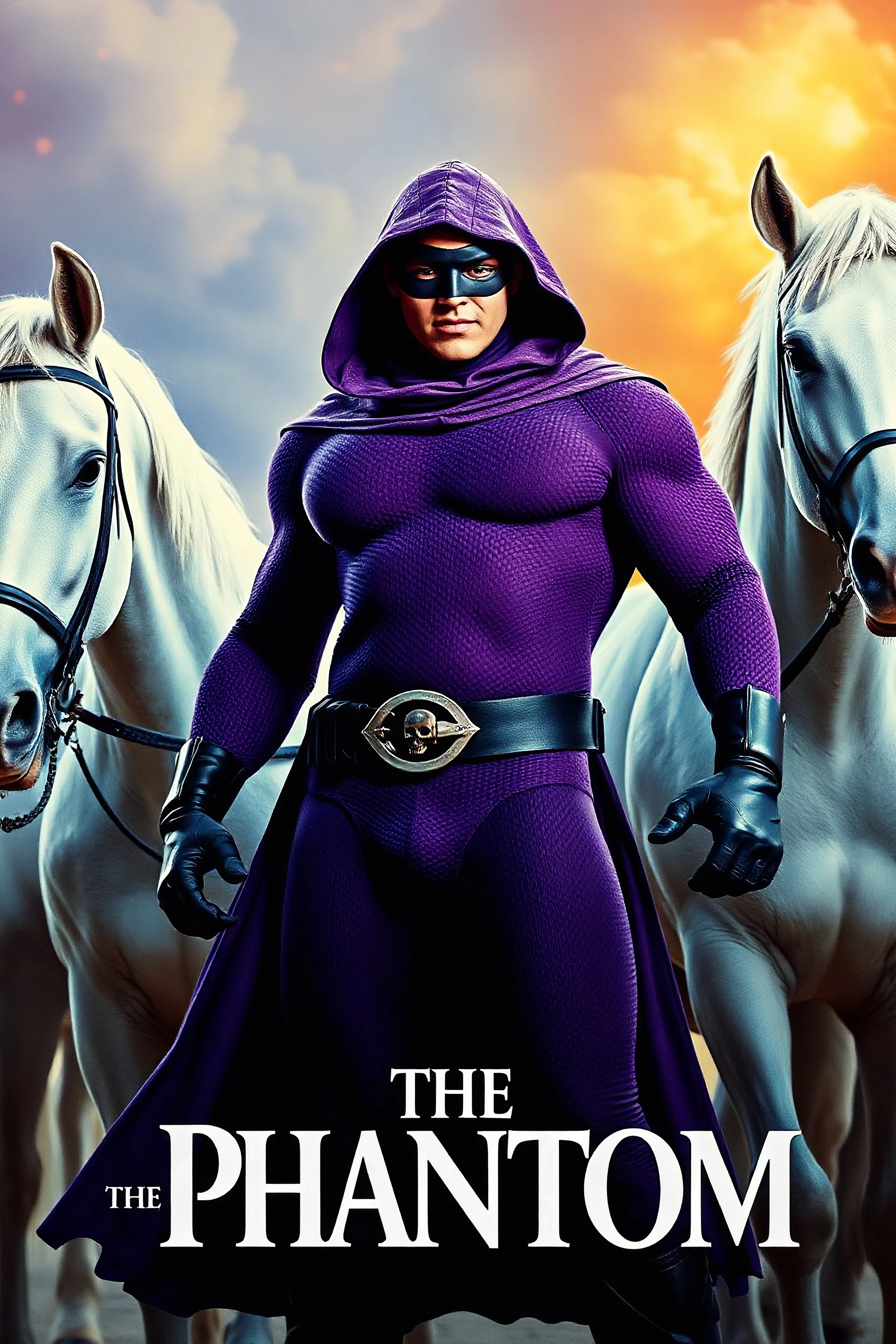 Movie Poster - ((("THE PHANTOM"))), extremely thick, muscular, 6'6'' 18-year-old Billy Zane with extremely exaggerated muscles as the Phantom, long-sleeved, textured, padded purple cotton bodysuit with skintight, formfitting textured purple cotton cowl with ((black eye mask)) and widow peak, black gloves and wrist gauntlets, black boots, double holstered utility belt, skull-shaped belt buckle, glowing, white eyes, standing next to his white horses, captured in a breath-taking explosion of color,