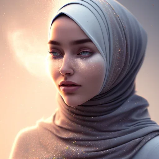 close up portrait of woman in hijab dissolving into blowing dust, dissolving into swirling fog, fine detail, highly intricate, modern surrealism painting, high-quality, volumetric lighting, 8k, ultrahd, George Grie, Marco Escobedo, Igor Morski,Brian Froud, Howard Lyon, Selina French