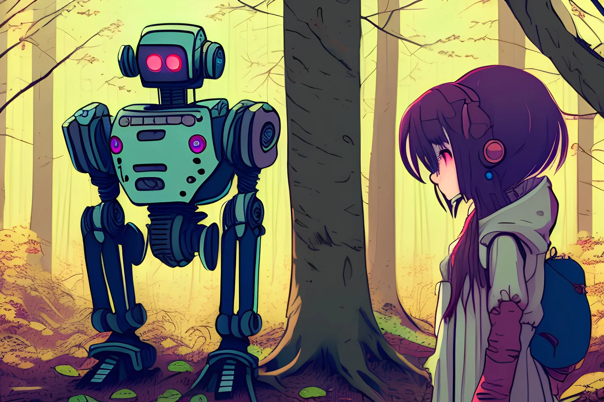 sympathetic robot surviving to the apocalypse in a forest meeting a little anime girl