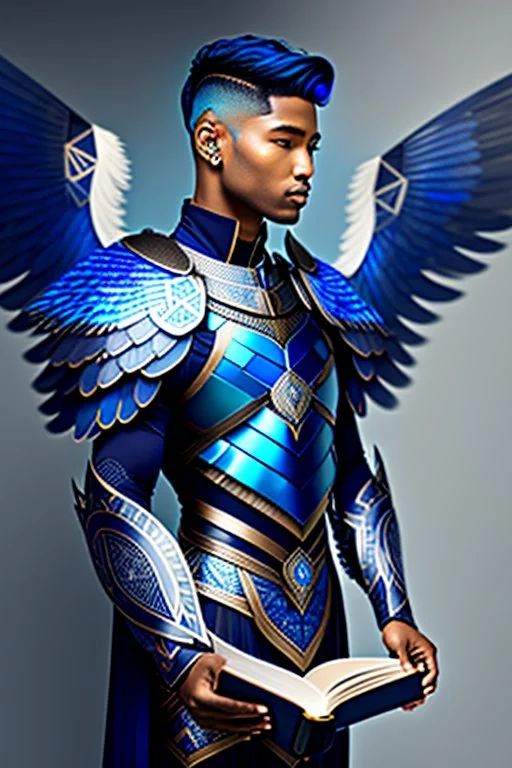 a human male with blue short hair and blue wings in an assymetrical armor with geometric patterns and a book in hand