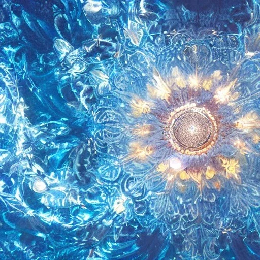 16K resolution sharp concept art with a light shiny golden circle in its center which is surrounded by a lot of very tiny epic fantasy blue ice flowers and a lot of very tiny snowflakes, majestic, intricate, masterpiece, insanely detailed, cinematic smooth, intricate details , iridescent accents