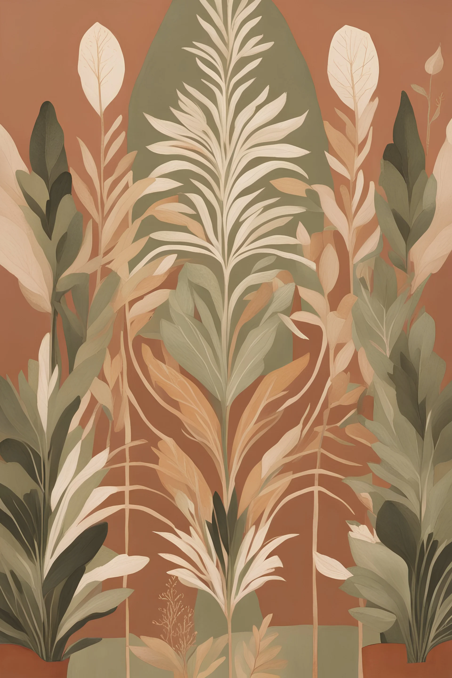 Generate a handpainted mural inspired by the earthy tones of nature. Use symmetrical patterns in terracotta and olive green, complemented by beige and gold details for a sophisticated and organic feel.