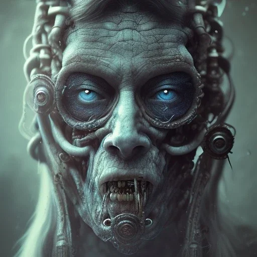 viking zombie shines in blue light, hr giger, scary, steam punk, realistic, made in octane, cinematic, ultra-realistic, extremely detailed octane rendering, 8K, VRAY Super Real ar 2:3, dof photorealistic futuristic 50mm lens hard lighting dark gray tintype photograph, realistic lighting, sepia color