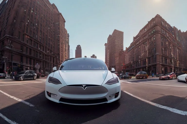 A Tesla 'Model S' is drifting at high speeds, near the Flatiron Building in Manhattan. (CINEMATIC, WIDE ANGLE LENS, PHOTO REAL)