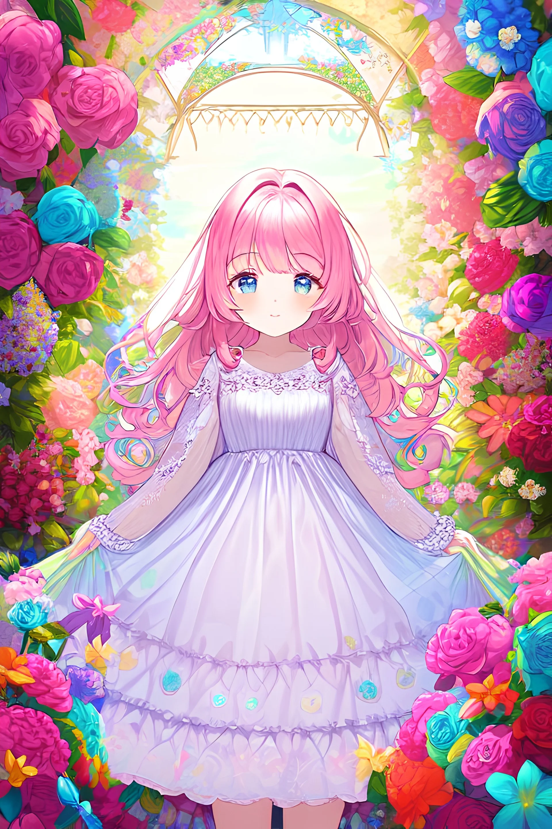 a young elven maiden with softly curled rosy-pink hair, wear white lace tank dress, bringing an ethereal presence to the garden. the lace dress adorned with delicate floral patterns that complement her hair color. Surrounded by a colorful wildflowers, she graces the greenhouse like a living melody within a symphony of colors. The lush greenery and glass complete this enchanting scene, displaying impeccable anatomy and creating a masterpiece. good anatomy, mild pastel colors