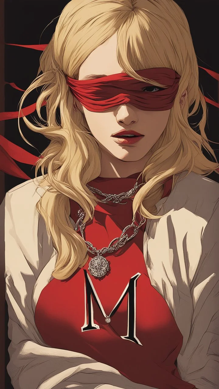 A blonde girl is blindfolded with a red cloth, with a necklace bearing the letter M around her neck. Cinematic picture