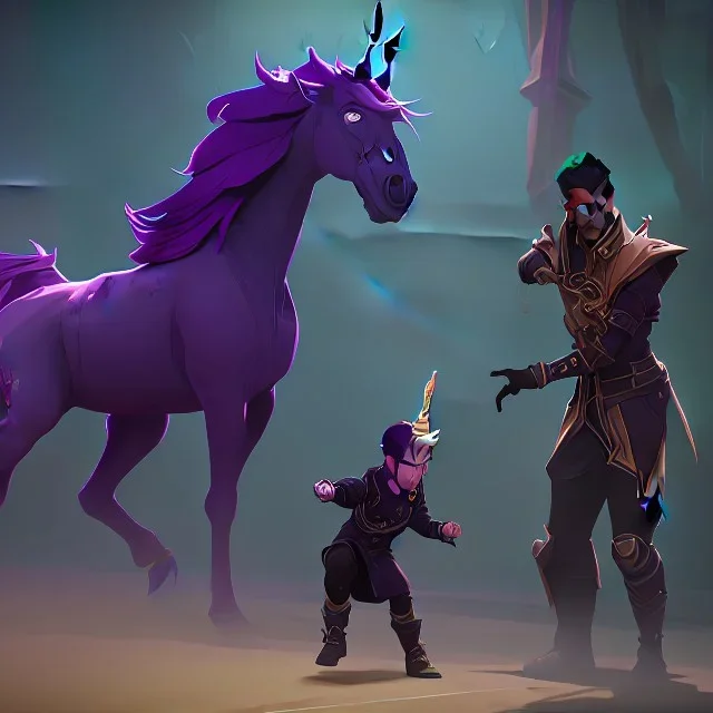 A warlock toddler riding a dark unicorn