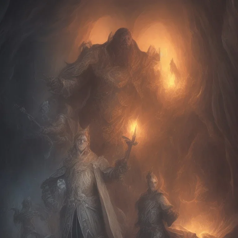 Evil Old human Necromancer in dark robes in a dark cave covered in darkness