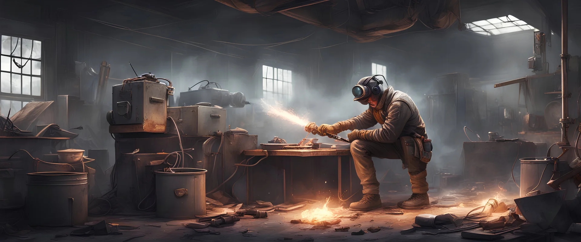 engineer welding metal in a workshop, post-apocalyptic, concept art