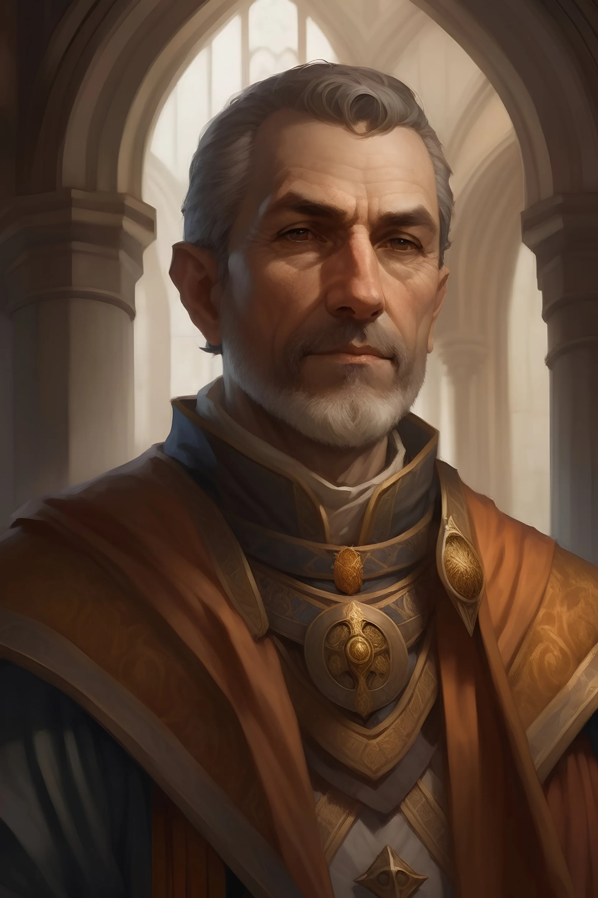 portrait of a man kind cleric of lathander, temple in the background, in baldur's gate style