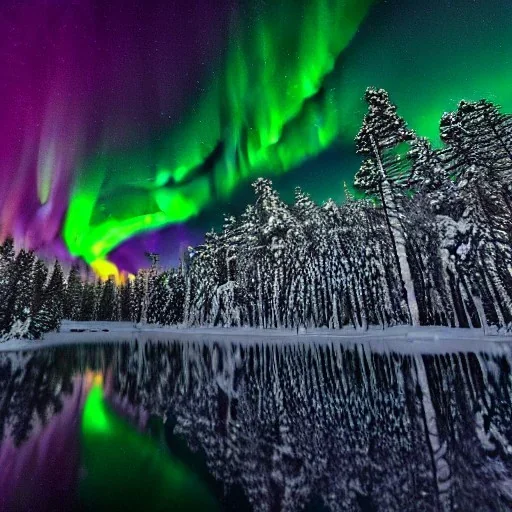 high-quality, fine-detail photography of beautiful, stunning, winter forest surrounding large reflective lake with vibrant, colorful northern lights filling sky, Norway, Iceland, 8k resolution, realistic, intricate, 3D, digital art, detailed matte, volumetric lighting, brian froud, howard lyon, selina french, annie stokes, lisa parker, greg rutowski