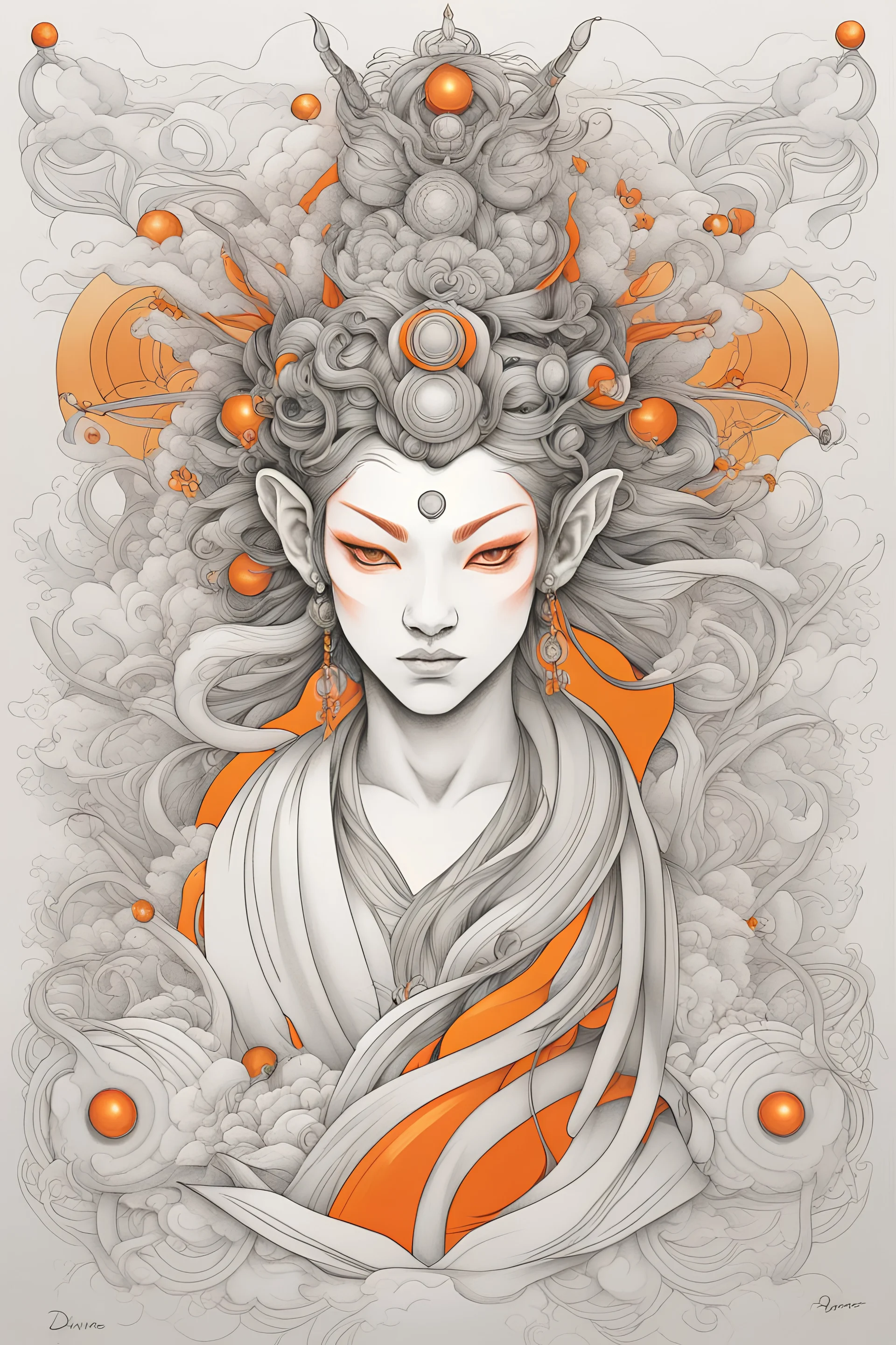 Create a captivating modern 2d lineart black and orange ink tattoo design for print , prestigious Divine Monkey King using the elegant influences of japan art style, for print, dynamic elements from fashion and design, and bold Japanese contemporary art aesthetics, framing centered in the center, distanced from the edges of the paper perimeter, perfect anatomy, bauhaus, Divine Proportion,