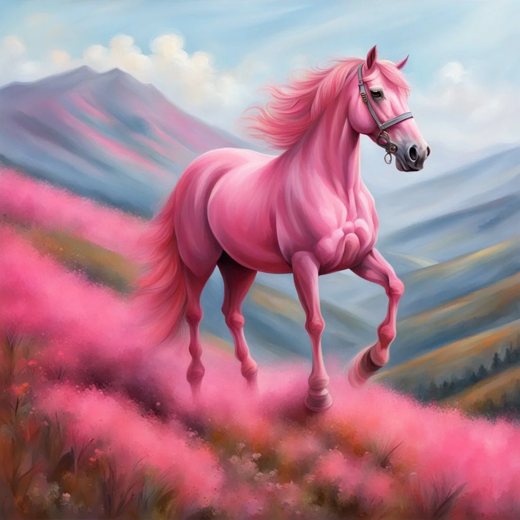 a pink horse in hills like a 19th painting