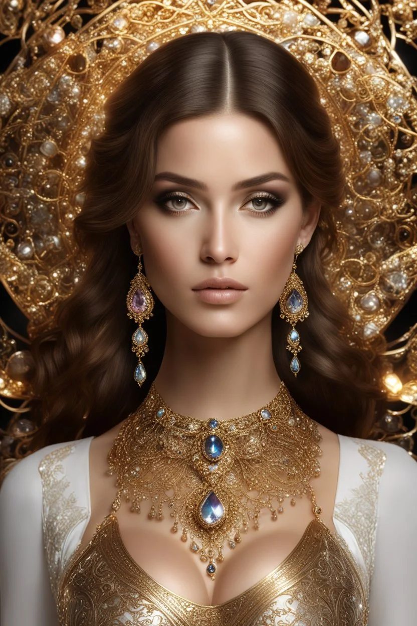 Fullbody photography ultra realistic natural beauty of young woman, beautiful, shiny hard eyes, make up, shiny baubles, ornate, large gemstones, shiny molten golden metalics, shiny wire filigree, luxury jewelry diamonds background,brown hair, high definition, high res,establishing shot