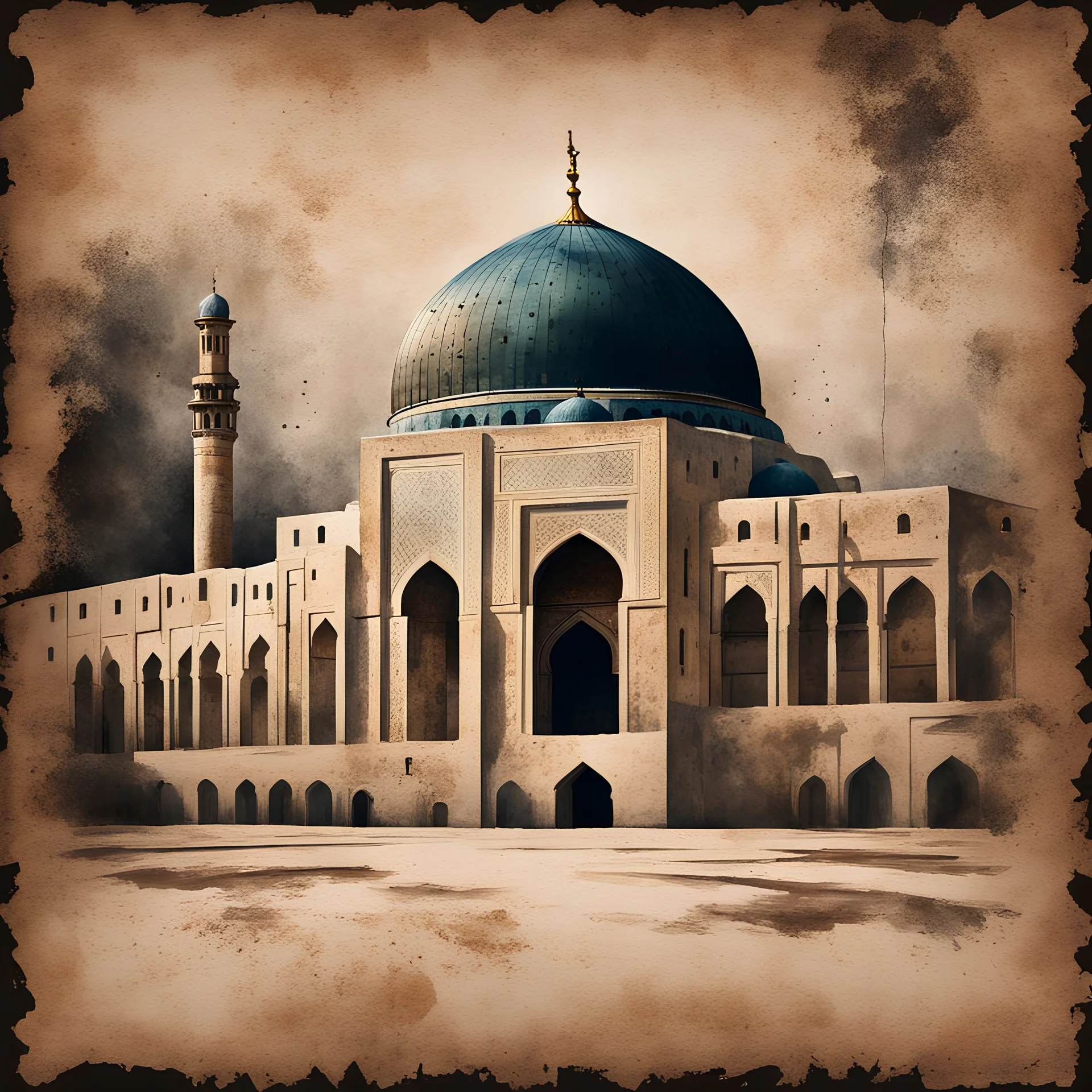 Hyper Realistic Painting of Al-Aqsa Mosque on a vintage rustic paper with vignette effect & dark background