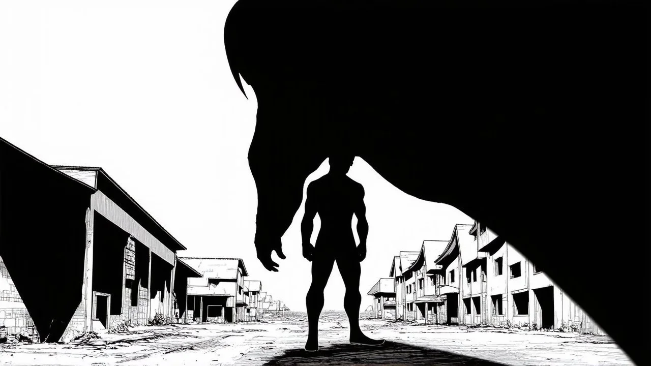 devouring the human soul, a weird, strange, shadow standing in front of a building, magical soviet town, gigantic creature, graphic novel cover art, , strong shadows), wartorn, gigantic, take cover, photo of, 1km tall, neighborhood, prey, necromancy,