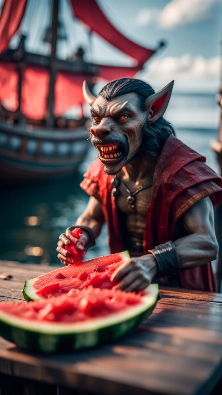 portrait of a vampire werewolf eating watermelon and the blood of fish on a viking ship, on a glass pier ,bokeh like f/0.8, tilt-shift lens 8k, high detail, smooth render, down-light, unreal engine, prize winning